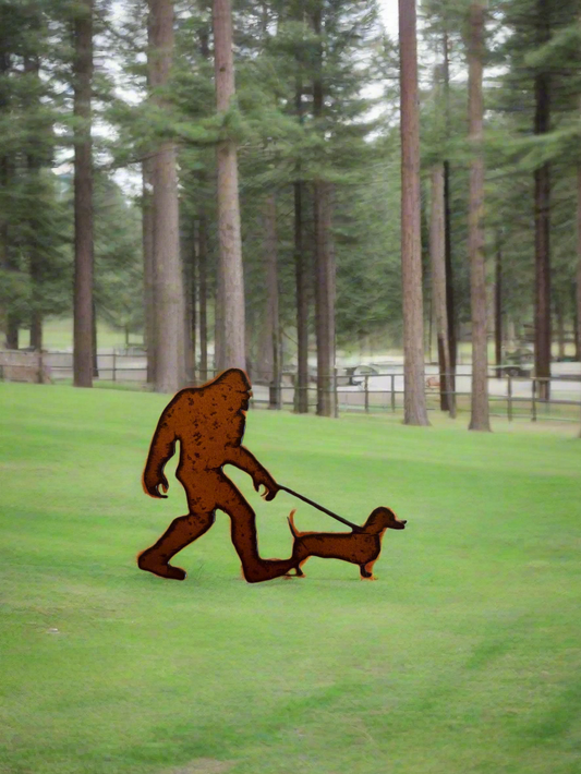 Bigfoot with Dachshund Yeti Sasquatch Rustic Metal Magnet