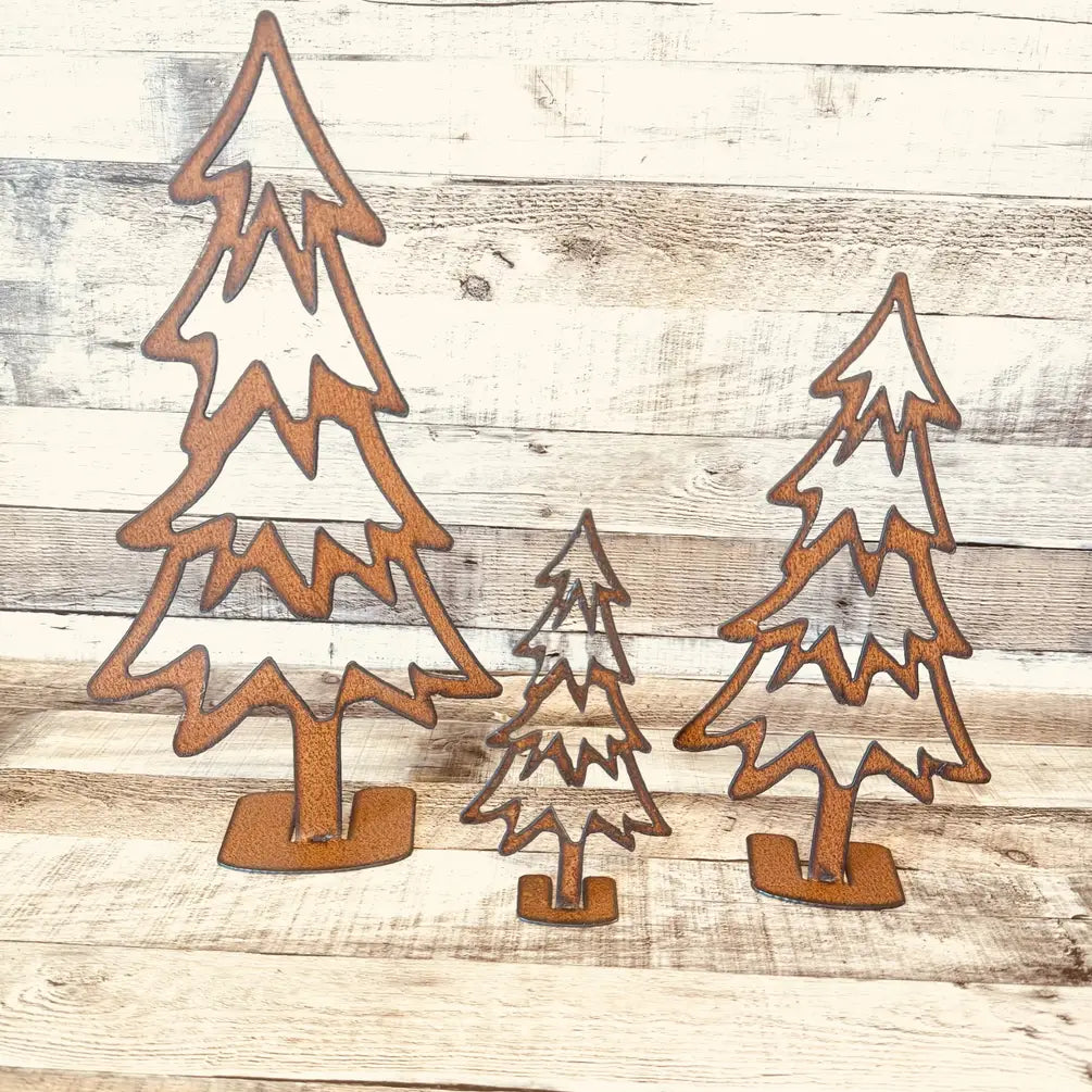Tree #4 Set Of 3 Christmas Holiday Rustic Metal Lodge Pine