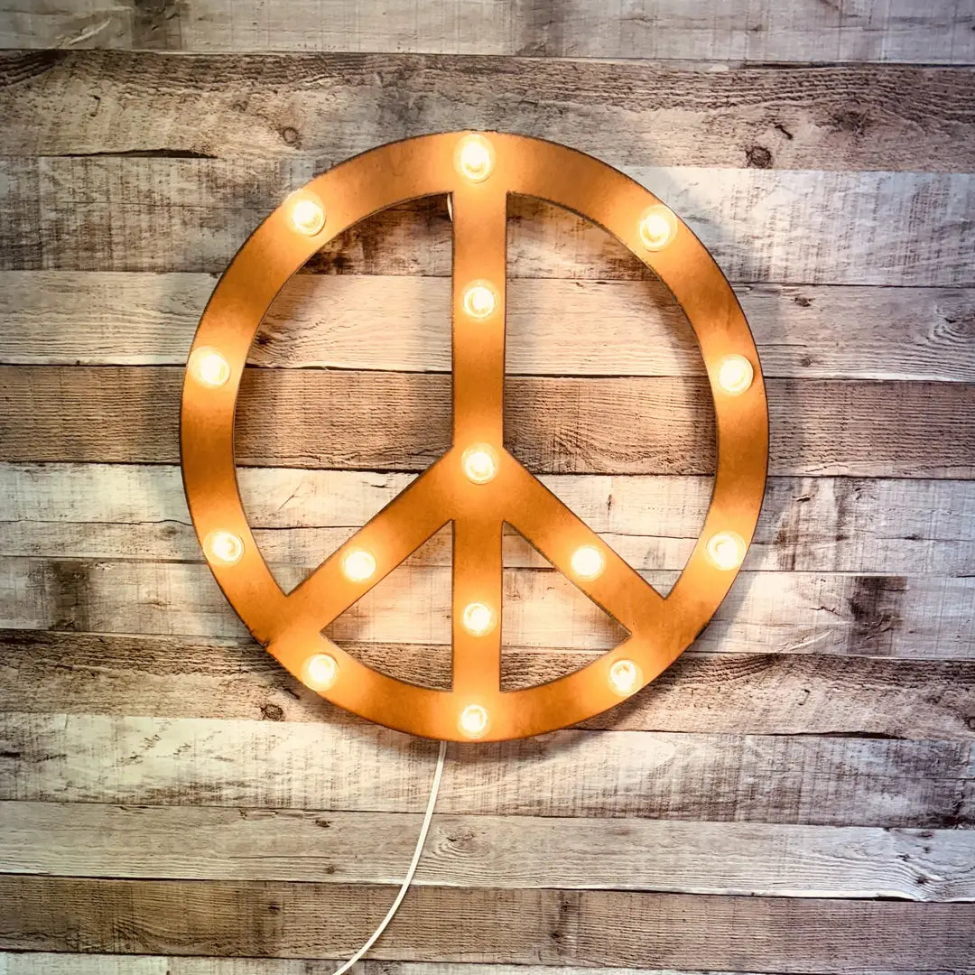 Peace Symbol Rustic Metal Marquee Lighted Hippie Sign