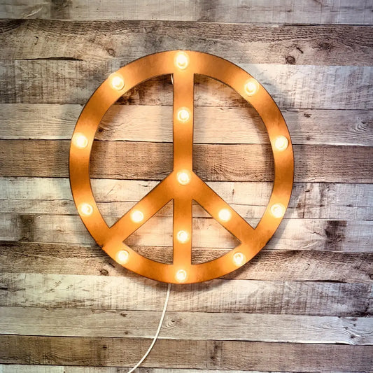 Peace Symbol Rustic Metal Marquee Lighted Hippie Sign