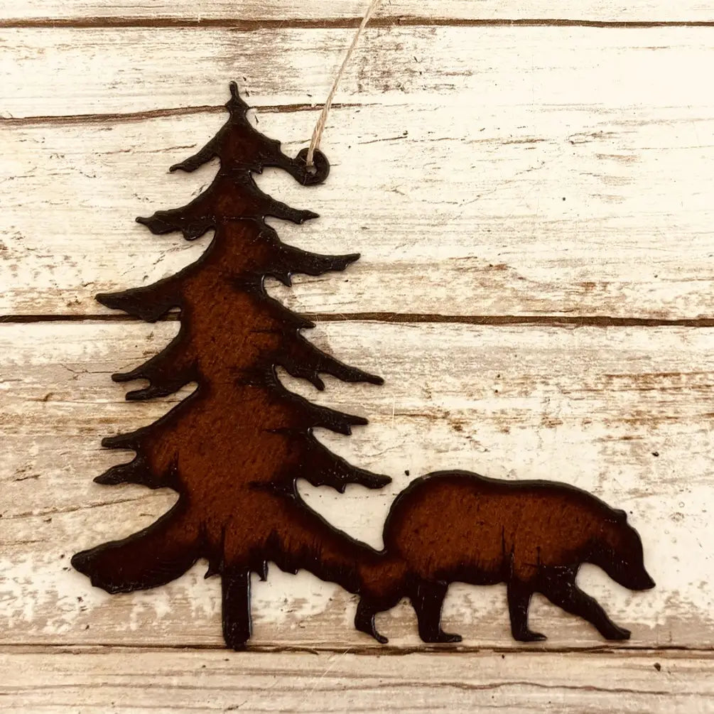 Black Bear and Tree rustic lodge Metal Ornament