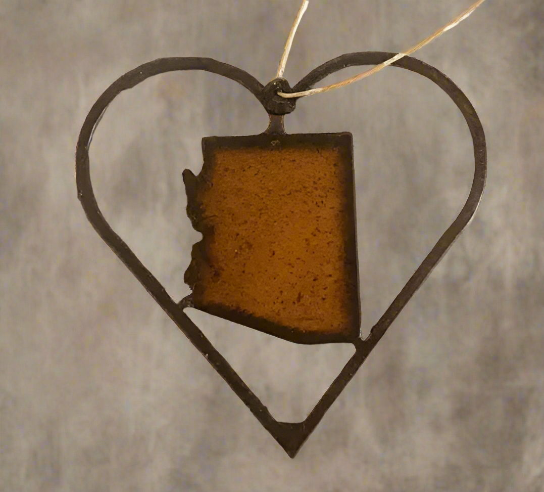 Heart Outline with Arizona State Shape Rustic Metal Ornament