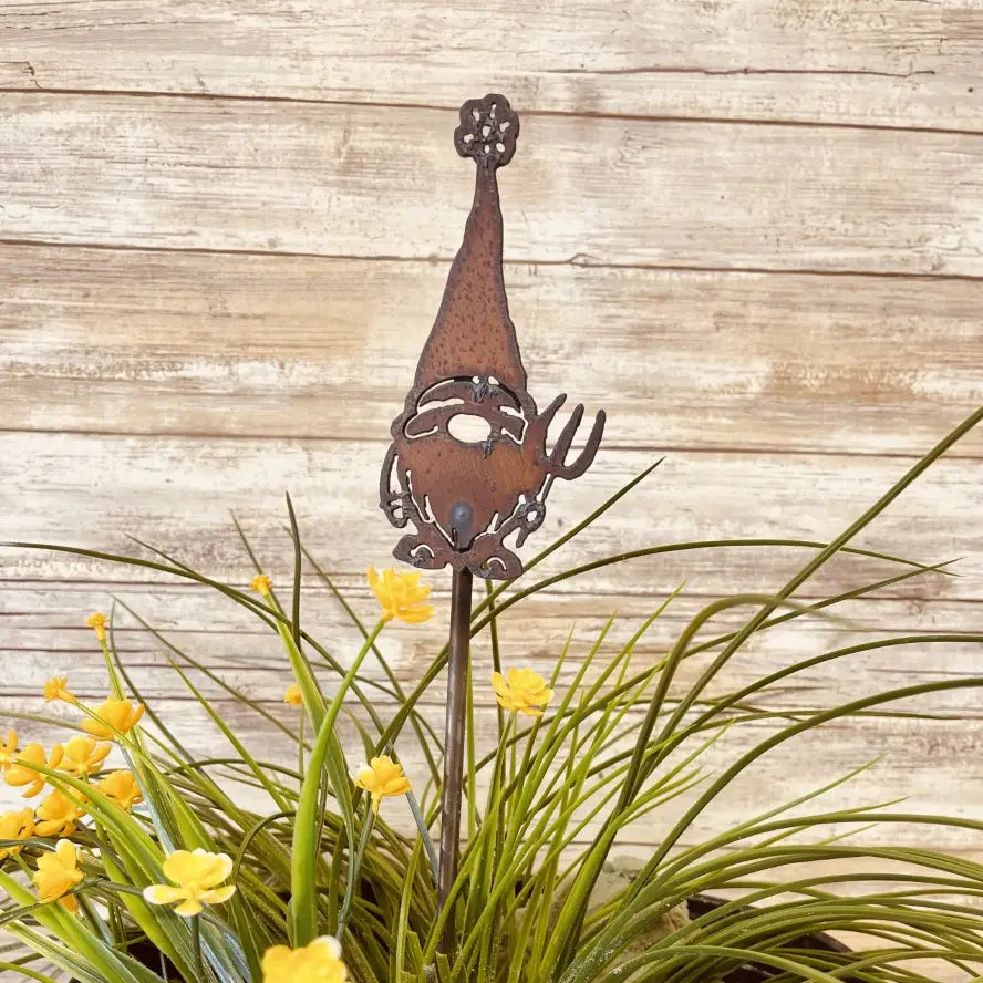 Gnome with Rake Plant Stake Garden Plant Stick