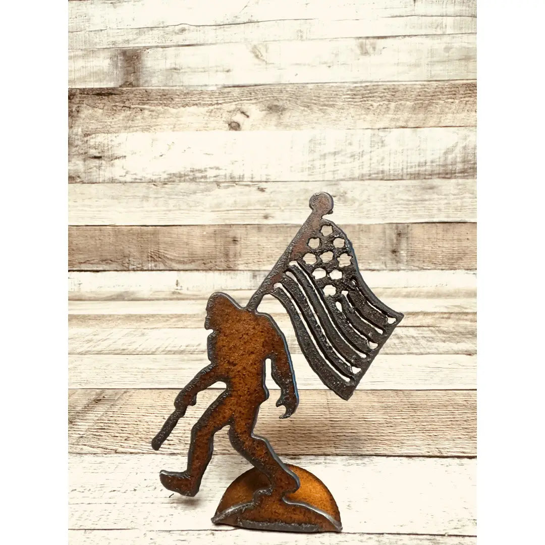 Bigfoot with Flag Yeti Sasquatch Rustic Metal Figurine