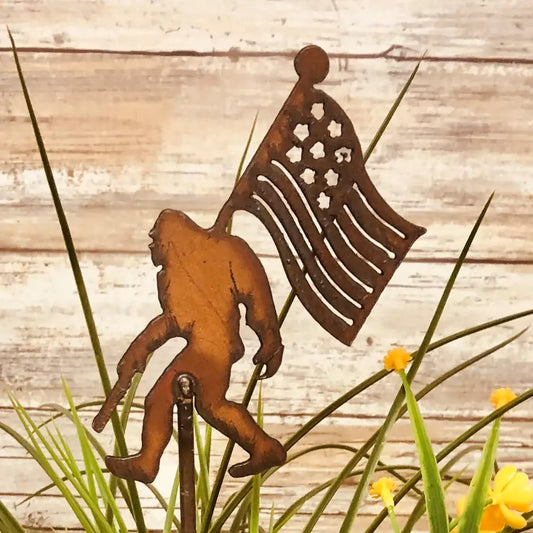 Bigfoot with Flag Yeti Sasquatch Garden Plant Stake