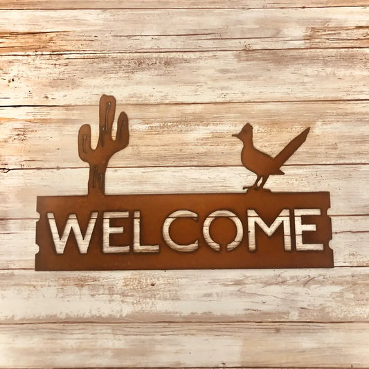 Roadrunner and Saguaro Cactus Southwestern Welcome Sign