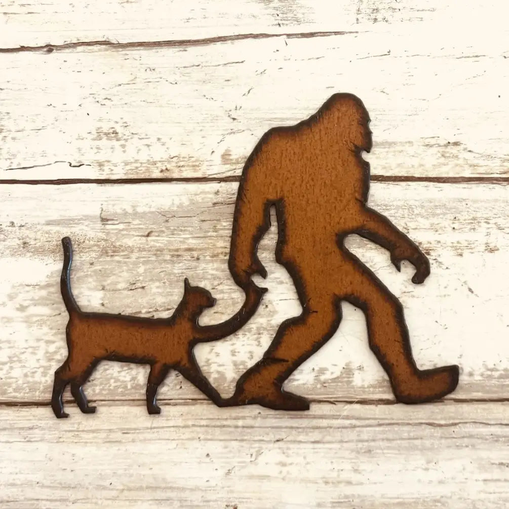 Bigfoot with Cat Rustic Yeti Sasquatch Kitty Metal Magnet