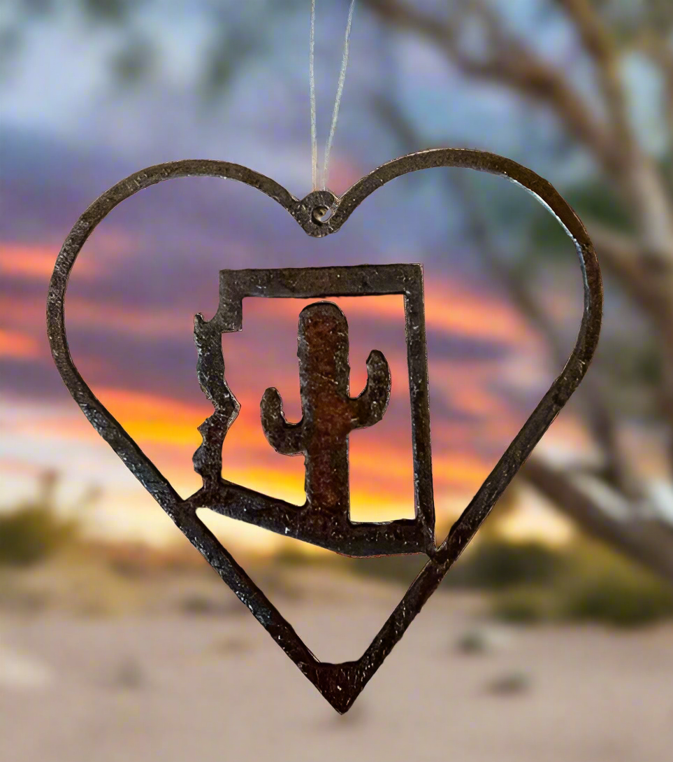 Outline Heart with Arizona and Cactus Rustic Metal Ornament