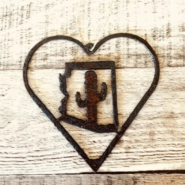 Outline Heart with Arizona and Cactus Rustic Metal Ornament