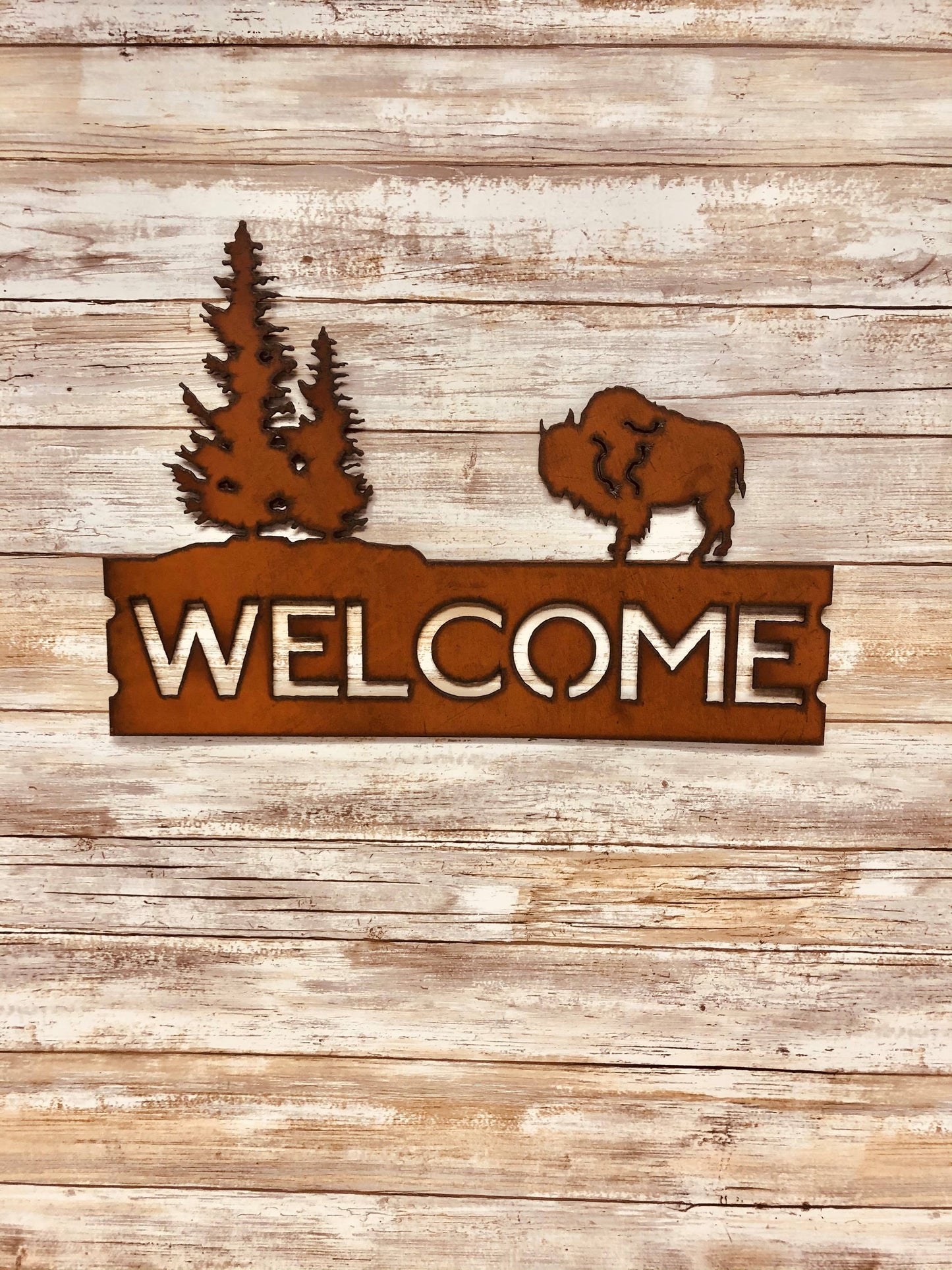 Buffalo and Double Pine Trees Horizontal Welcome Sign