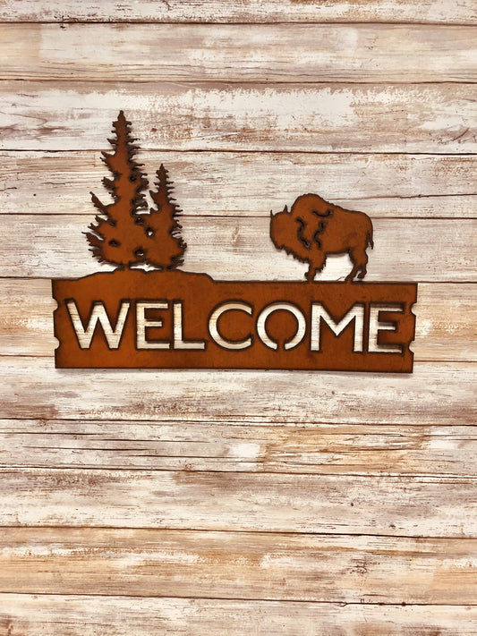 Buffalo and Double Pine Trees Horizontal Welcome Sign