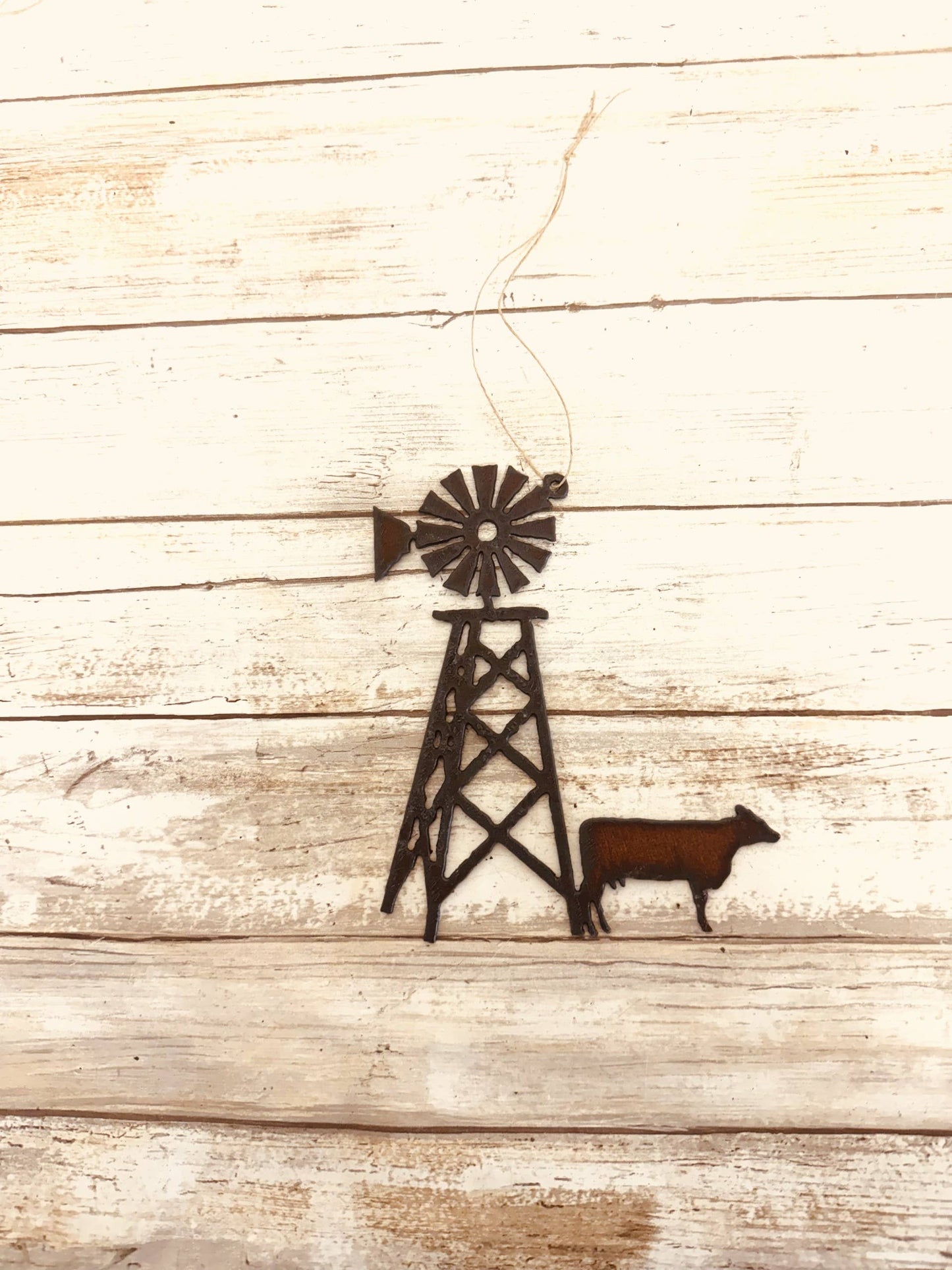 Cow and Windmill Rustic Metal Farmhouse Ornament
