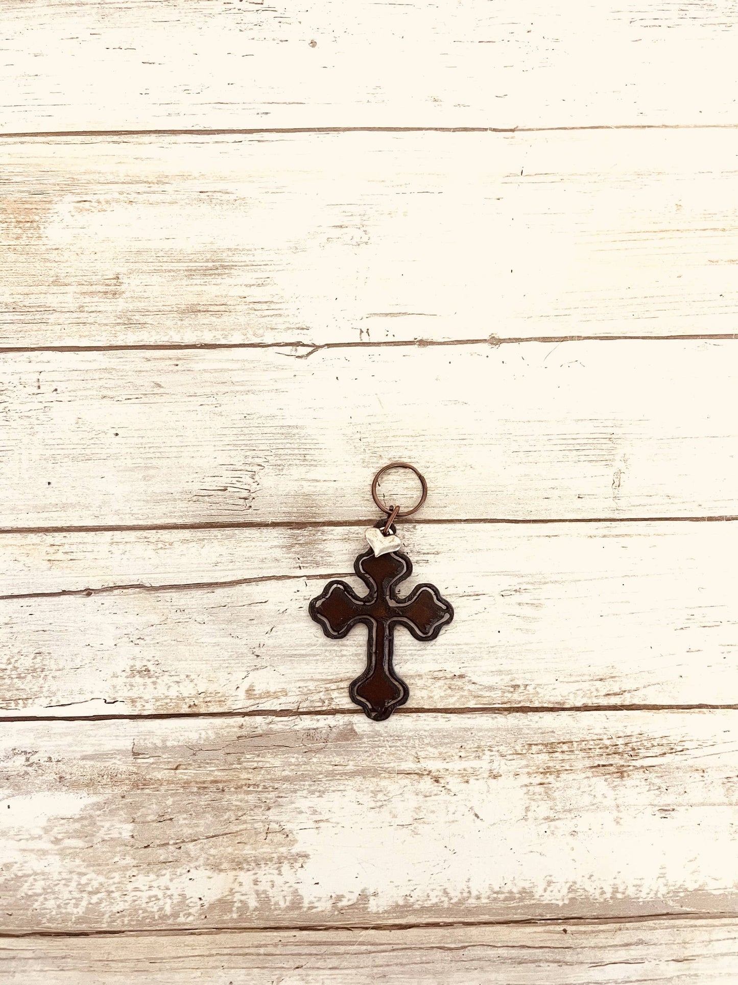 Cross with Cuts Key Chain Rustic Metal Religious Gift