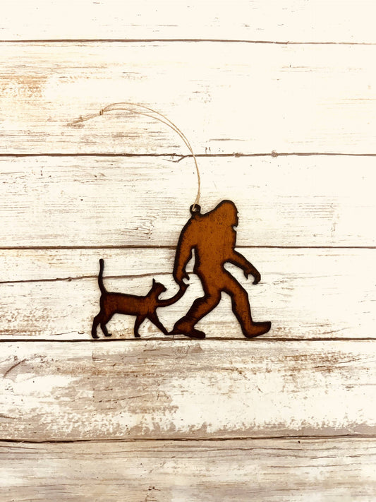 Bigfoot with Cat Rustic Yeti Sasquatch Kitty Metal Ornament