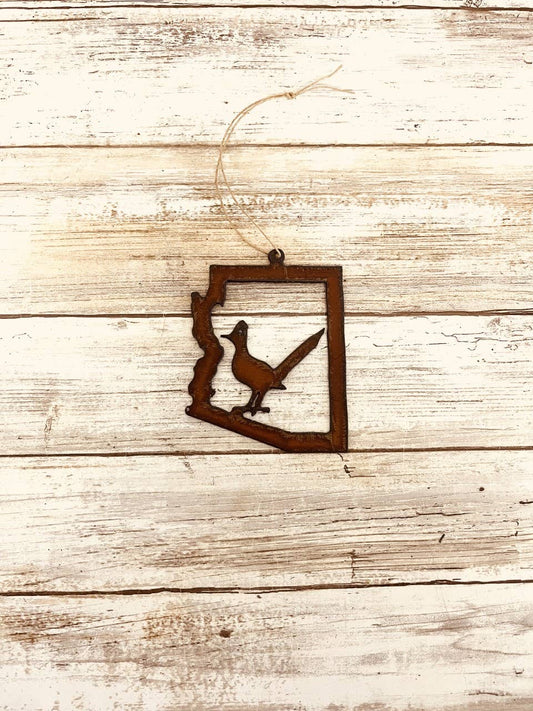 Arizona Outline Ornament with Roadrunner cutout