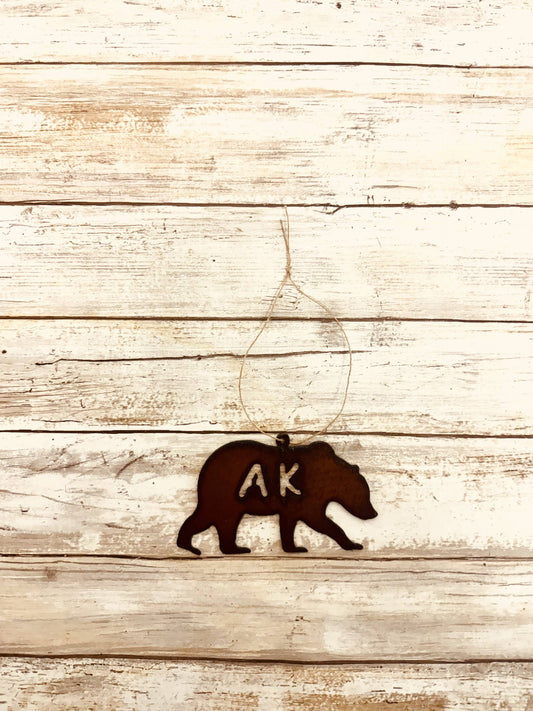 Grizzly Bear Ornament with AK Cutout for Alaska Gift