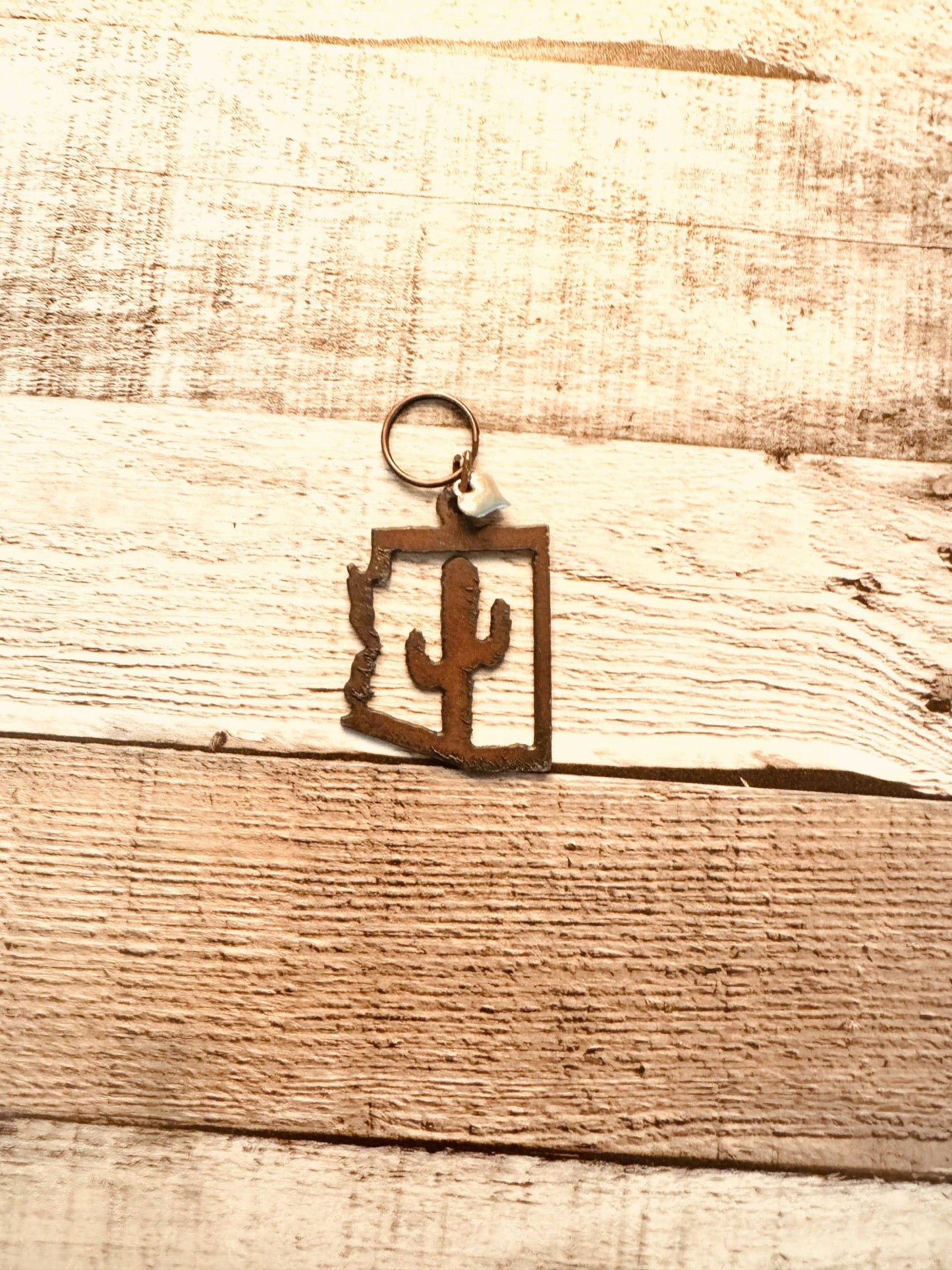 Arizona Outline with Cactus Desert Key Chain Rustic Metal