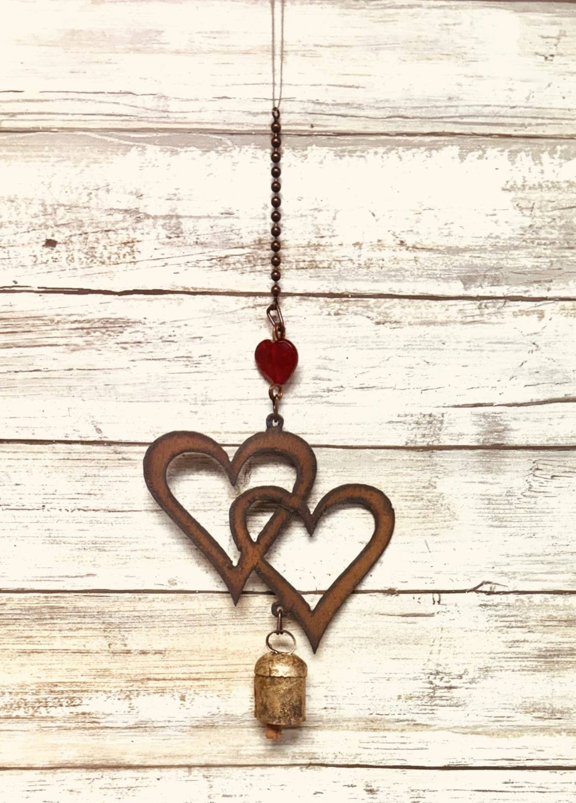 Double Heart Rustic Metal Garden Nana Bell Chime