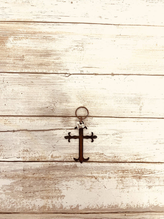 Cross with fleur D Lis Keychain Rustic Religious Gift